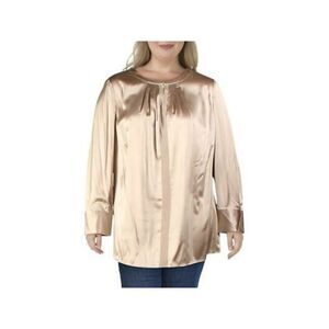 BASLER Womens Beige Pleated Silk Long Sleeve Keyhole Top Size: 8